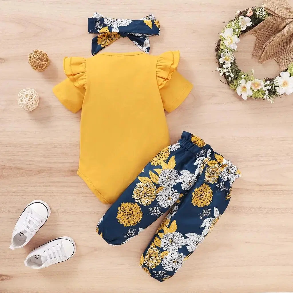 Newborn Baby Girl Bodysuit, Floral Pants & Headband Set