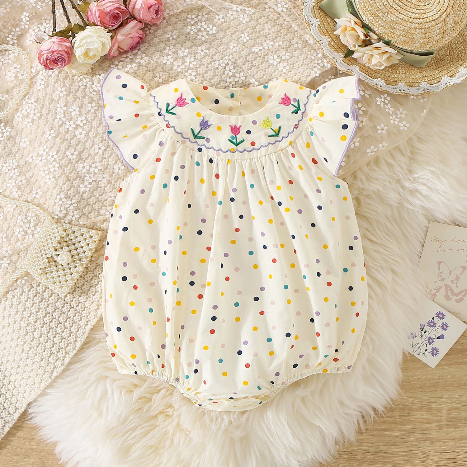 Flower Embroidered Baby Bodysuit | Colorful Polka Dot Print 3-18M