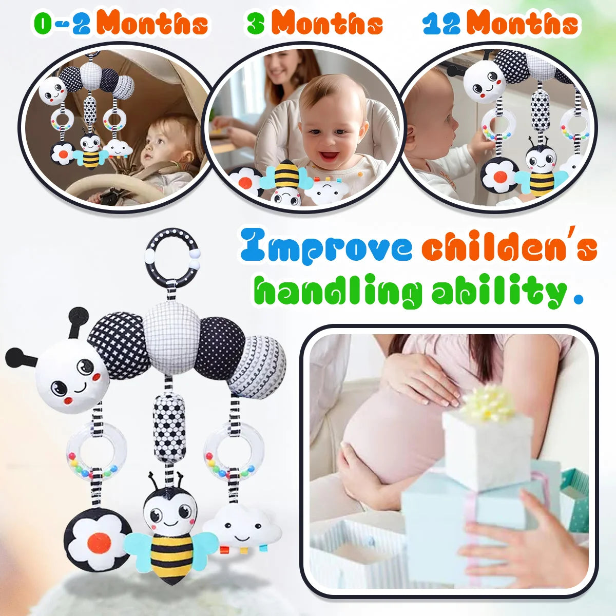 Black & White High Contrast Baby Rattle Toy | Car Seat, Crib & Stroller