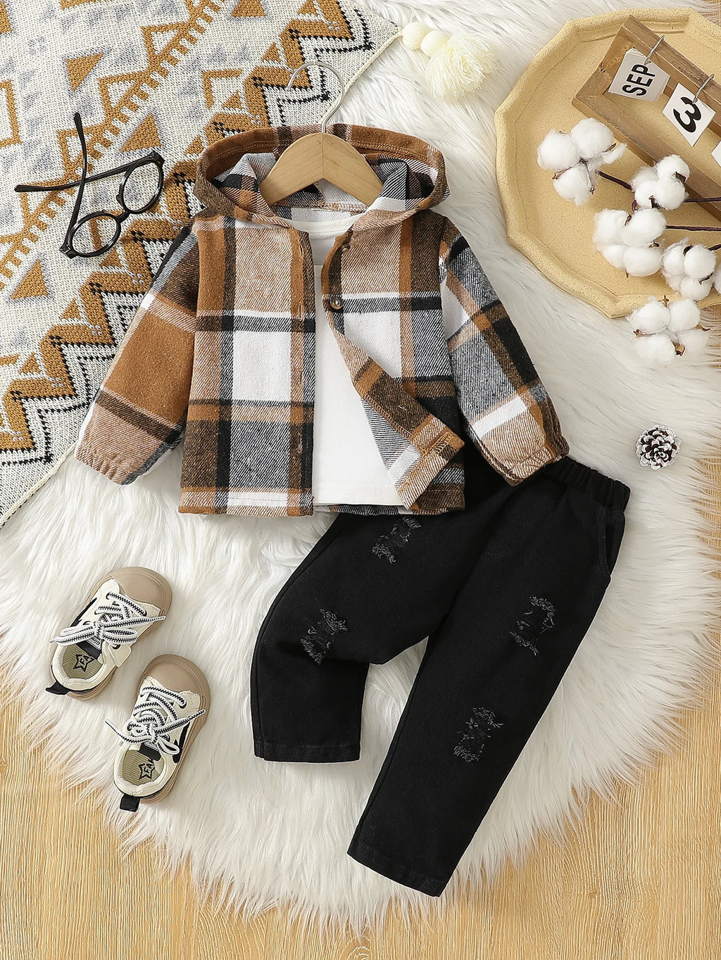 Baby Boy Striped Hooded Jacket & Ripped Pants Set