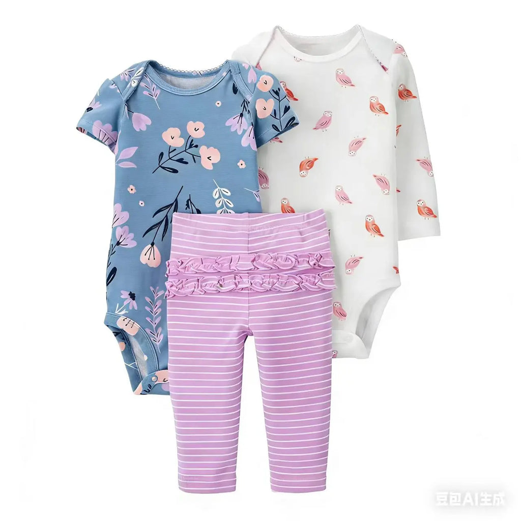 Soft Cotton Baby Bodysuit & Pants 3-Piece Set 6-24M
