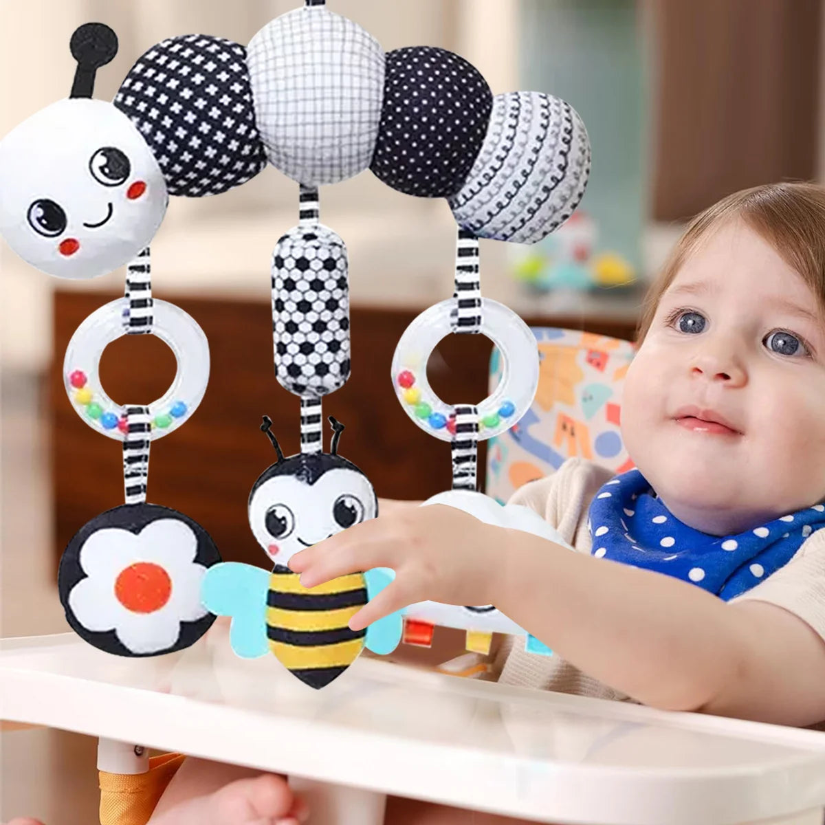 Black & White High Contrast Baby Rattle Toy | Car Seat, Crib & Stroller