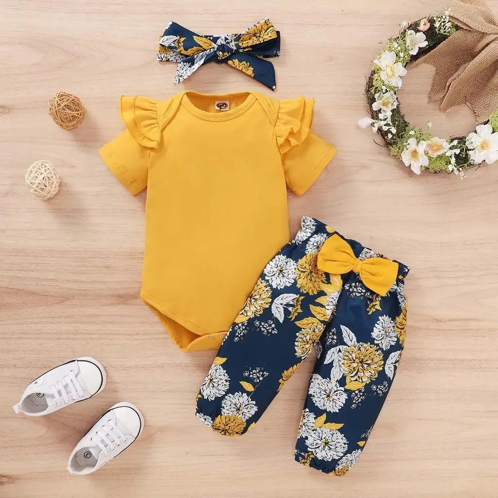 Newborn Baby Girl Bodysuit, Floral Pants & Headband Set