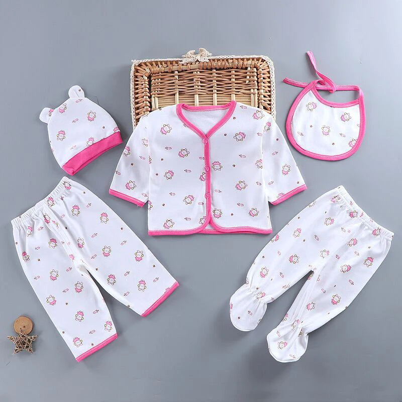 5-Piece Newborn Baby Outfit Set with Bib & Hat