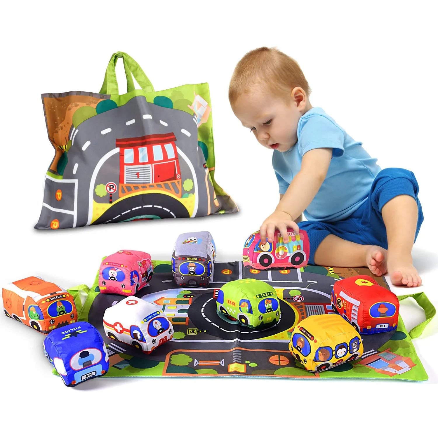 Soft Car Toy Set with Play Mat for Toddlers 12-18M
