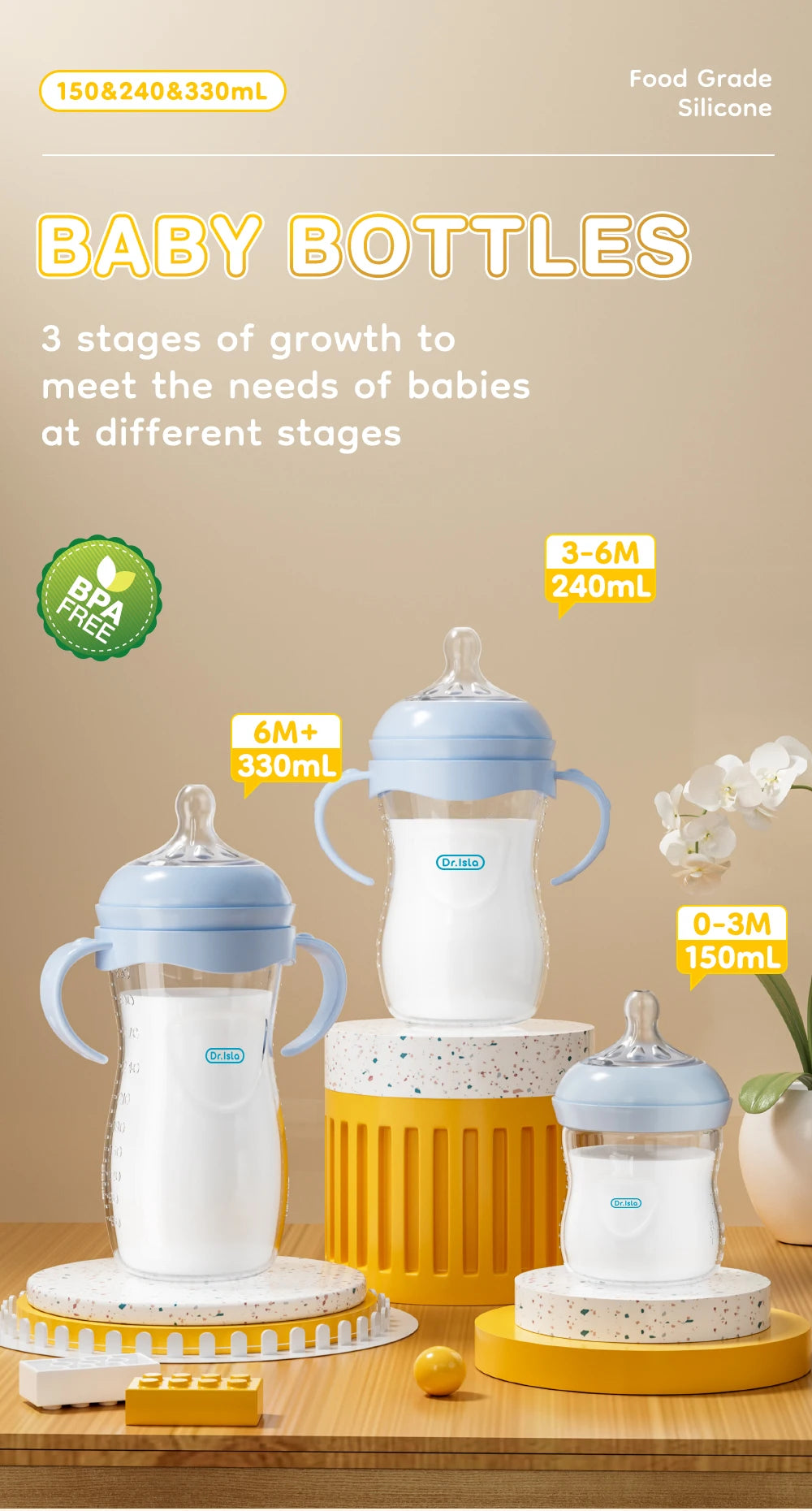 BPA-Free Baby PP Bottle with Handle 150/240/330ML