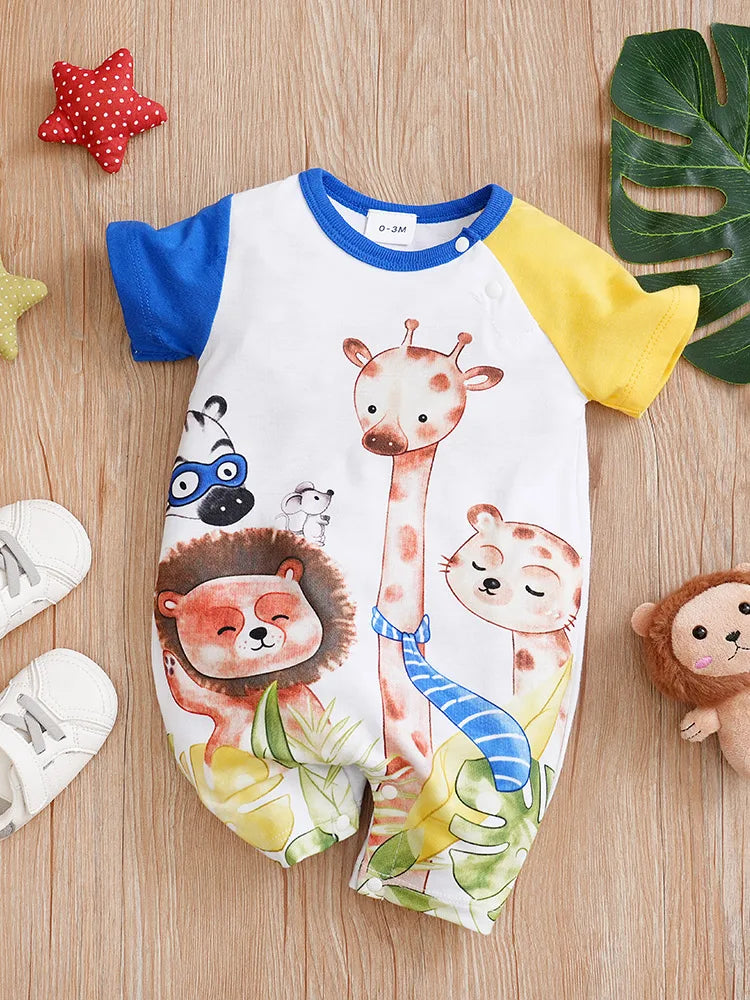 Newborn Cartoon Animals Jumpsuit | Colorful Unisex Baby Outfit